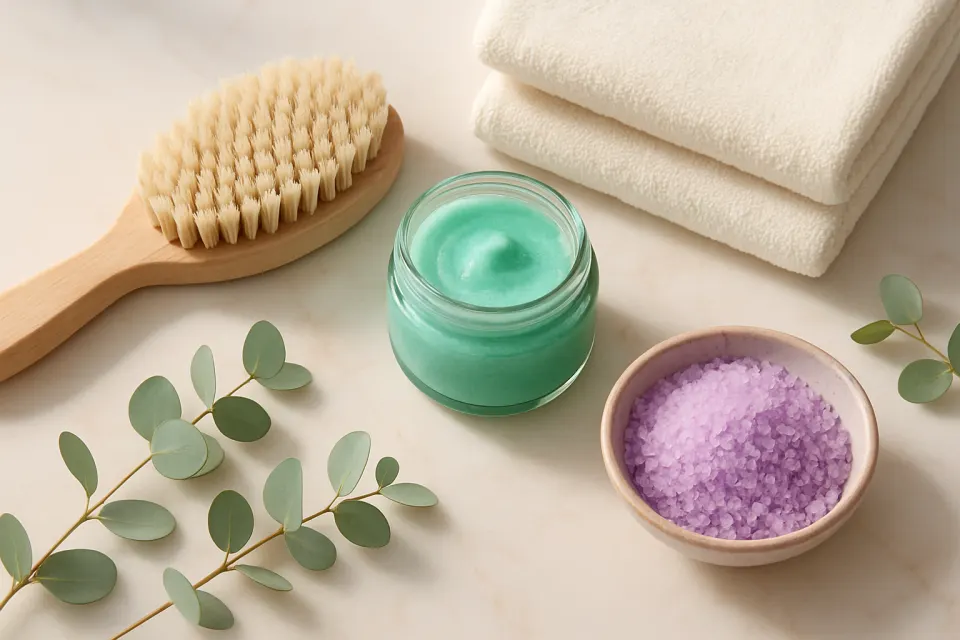 Imagen ilustrativa: exfoliante, cepillo de madera y eucalipto