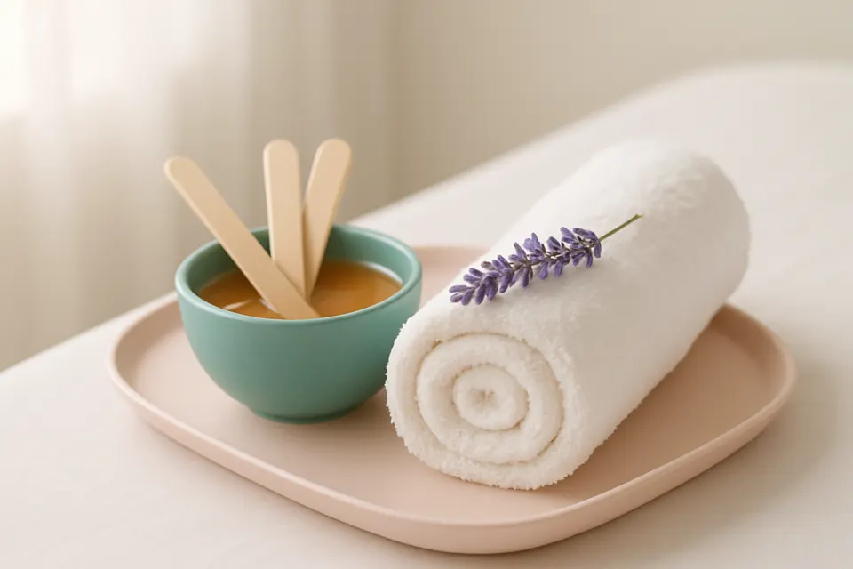 Imagen ilustrativa: cera tibia, espátulas y lavanda sobre una bandeja rosada
