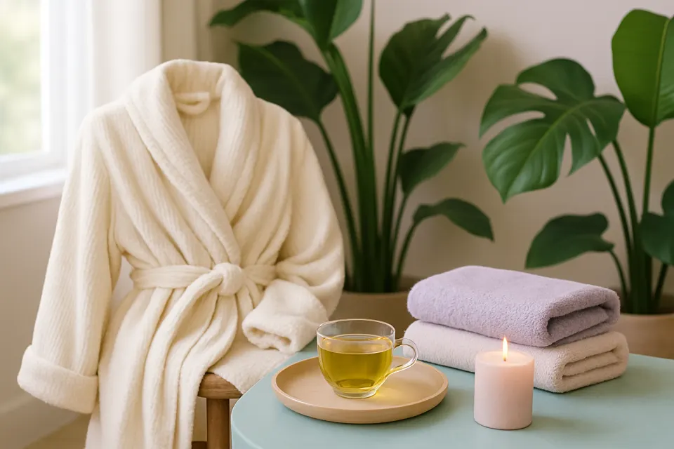 Imagen ilustrativa: bata crema, té de hierbas y plantas junto a la ventana