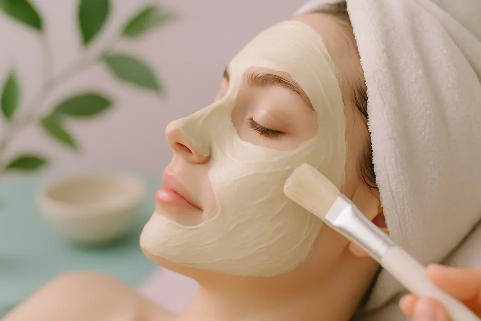 Imagen ilustrativa: mascarilla facial con tono crema y hojas verdes