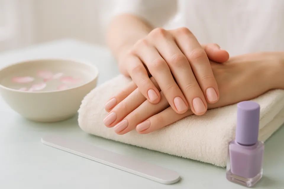 Imagen ilustrativa: manos con manicura rosada junto a un cuenco con pétalos
